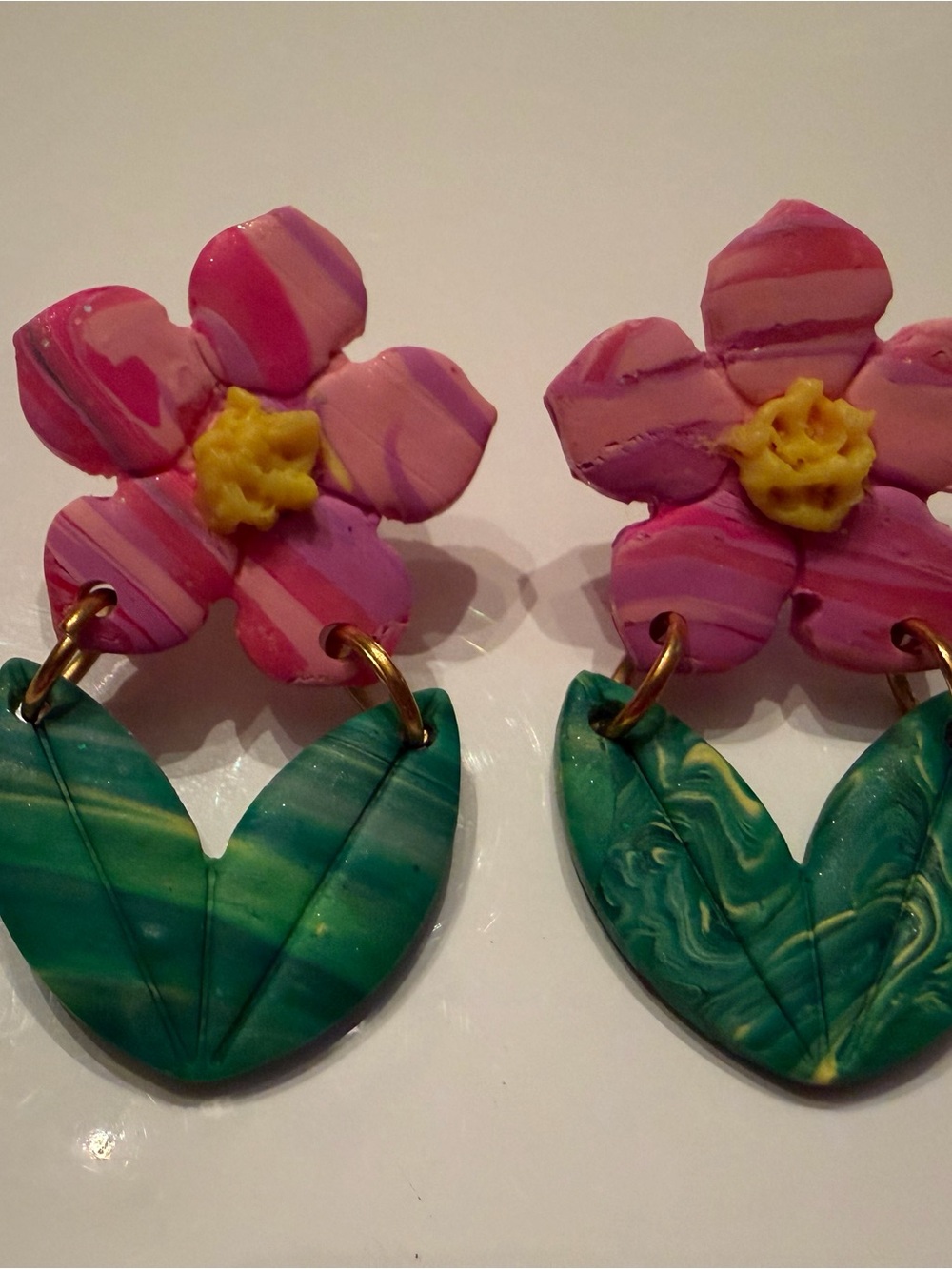 Handmade Floral Drop Earrings in Pink and Green